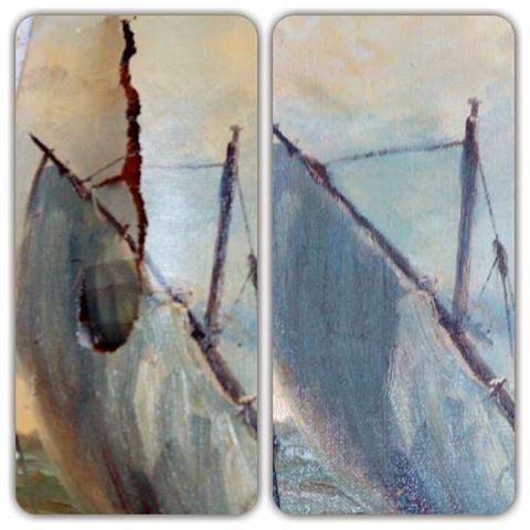 Tela de #pinturaaloleo rasgada y aspecto una vez #restaurada #fotos tomadas con distinta #cámara y tipo de #luz y los #colores reales no se aprecian bien. Ha sido una #restauración laboriosa pero la #pintura se puede volver a colgar en su sitio y queda asegurada su #conservación #arte #artesanía #restaurar #conservar #cuadro #barcelona #fortpienc #paciencia