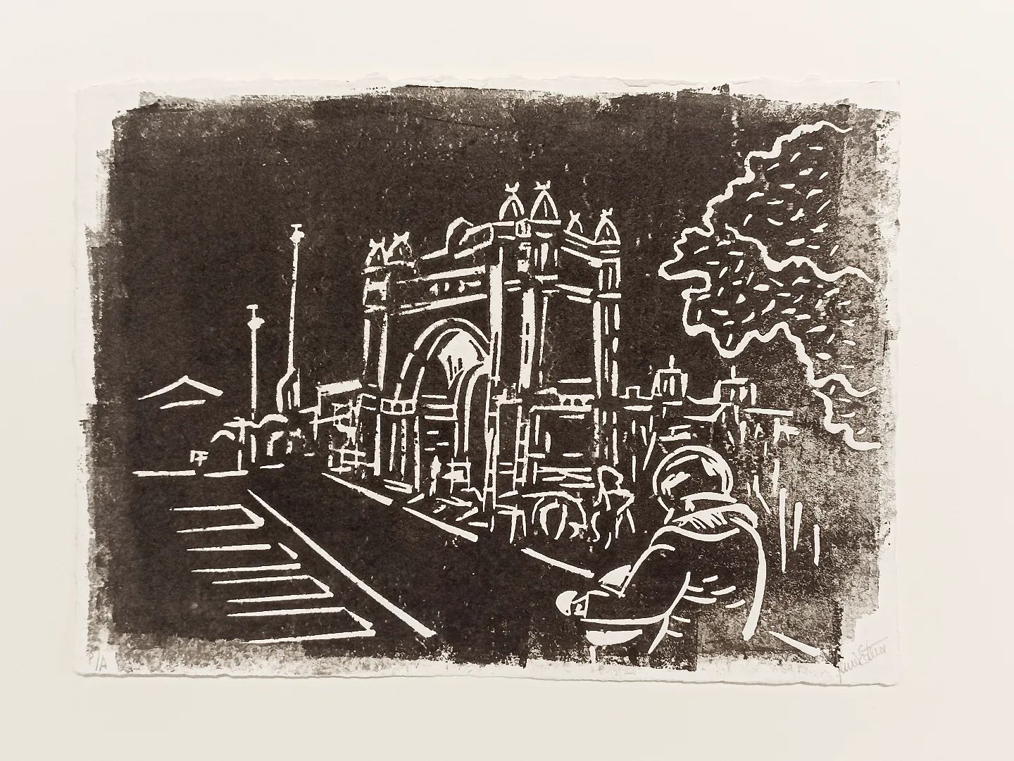 Arco de Triunfo. Xilografía sobre papel hecho a mano blanco estampado en negro con tintas al agua. P/A de J.E..#arte #artesanía #deunoenuno #papelhechoamano #grabado #xilografía #obragraficaoriginal #edicionlimitada #arcodetriunfo #barcelona #40aniversario