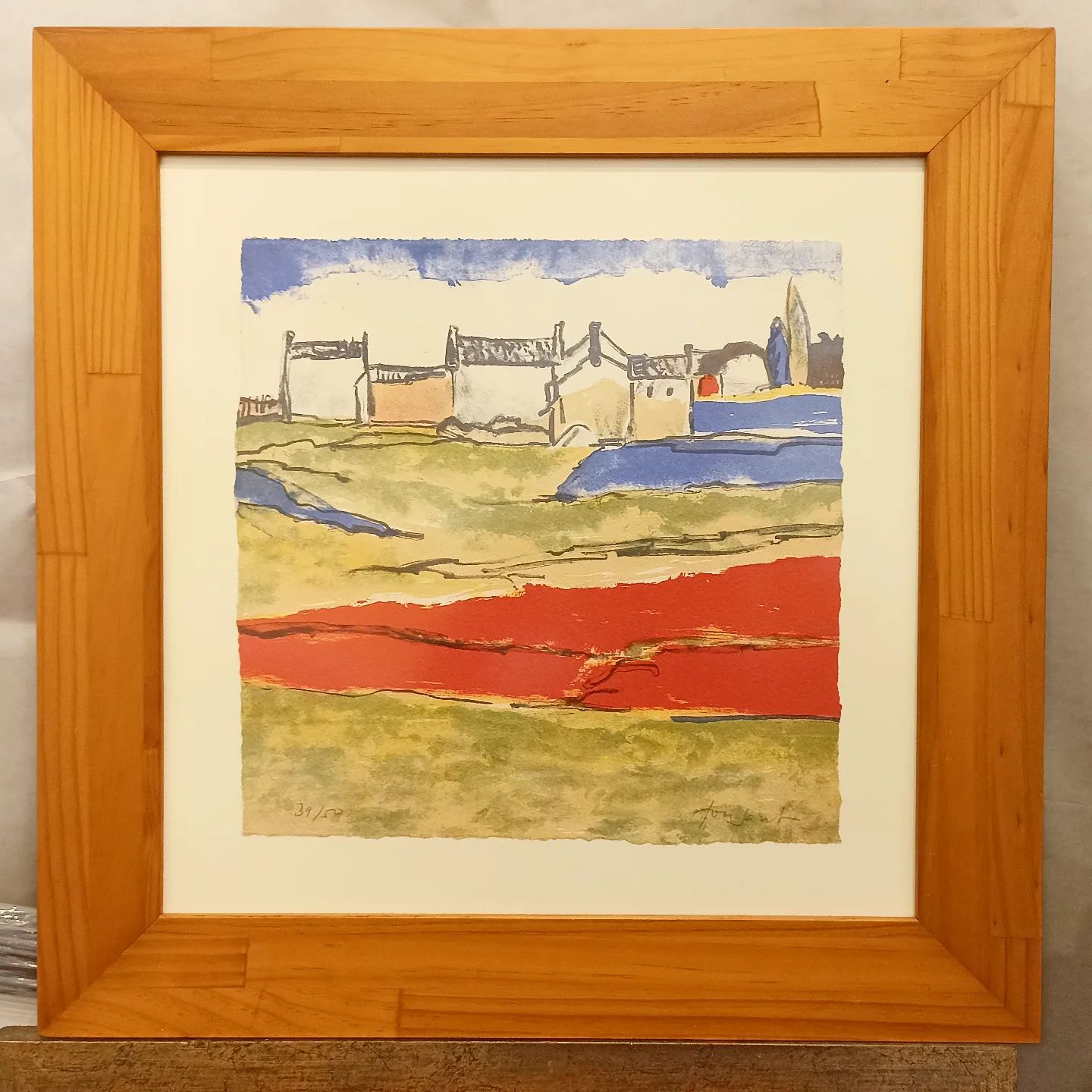 Litografía paisaje pueblo